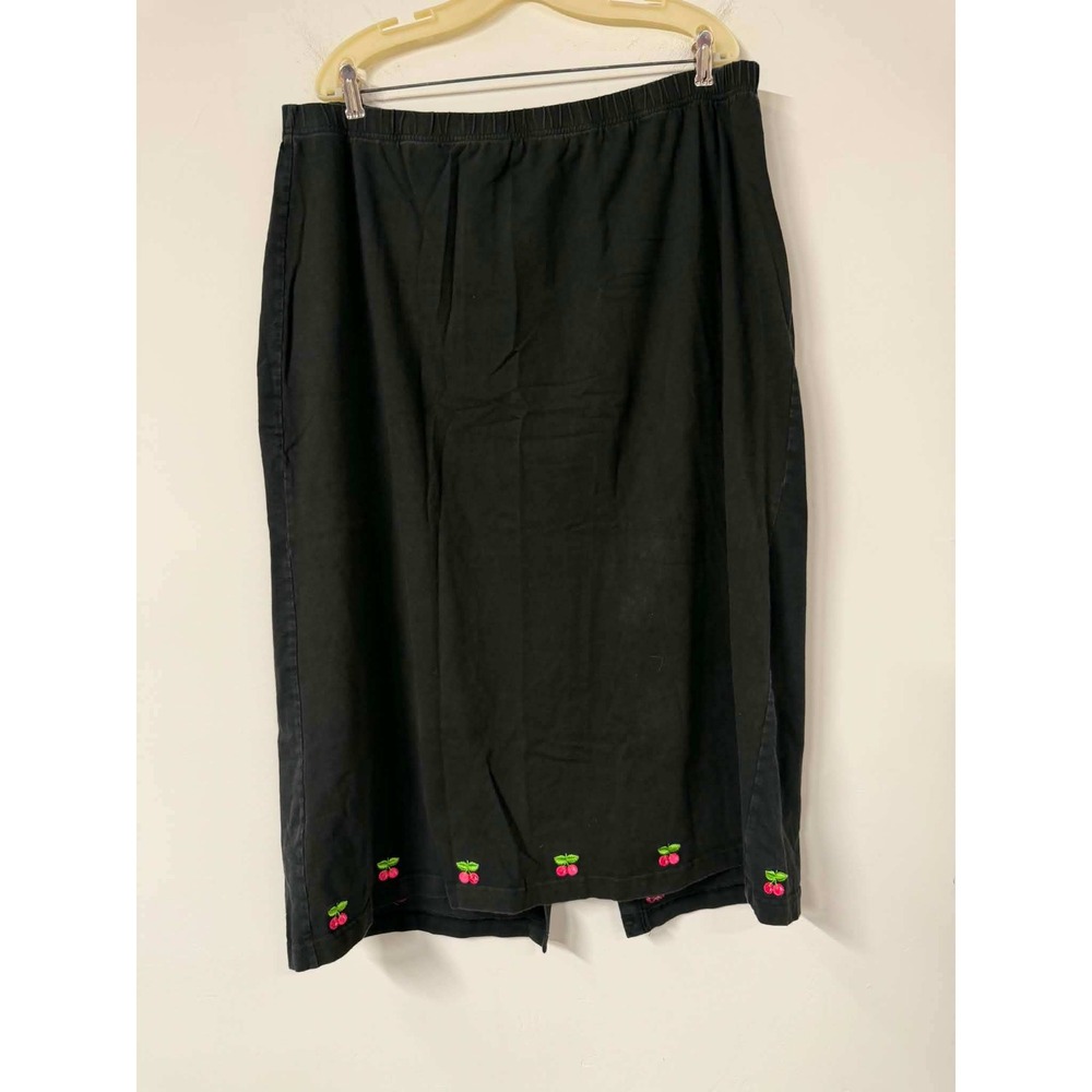 Quacker Factory Womens 2X Black Skirt Midi Cherry Embroidered Elastic Cotton
